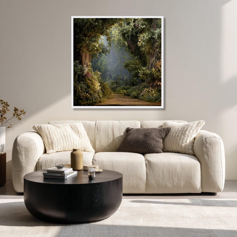 Enchanted Forest Pathway Canvas, Mystical Woodland Wall Art, Nature Landscape Canvas, Greenery Floral Decor, Ready to Hang Home Decoration image 7