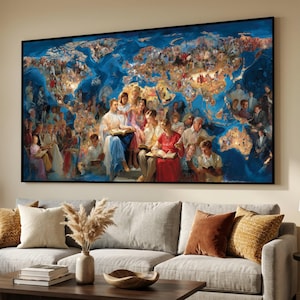 May include: A large framed artwork depicting a world map with a multitude of figures. The map is in shades of blue and gold, with figures in various attire. The artwork is displayed above a gray sofa with decorative pillows.