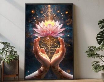 Mystical Lotus Flower Canvas, Spiritual Hands Wall Art, Meditation Decor, Zen Home Decoration, Sacred Energy Canvas Print