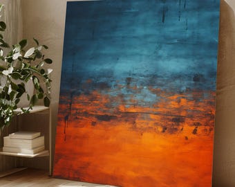 Arte de pared abstracto en lienzo, pintura moderna en naranja y azul, decoración contemporánea para el hogar, impresión en lienzo grande, obra lista para colgar.
