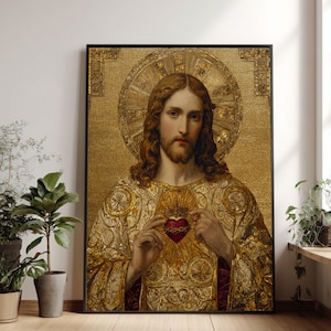 Sacred Heart of Jesus Canvas Art, Gold Mosaic, Christian Home Decor image 1