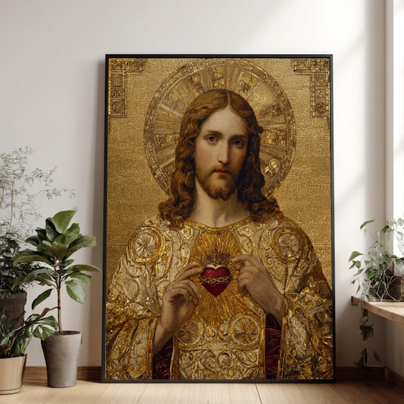 Sacred Heart of Jesus Canvas Art, Gold Mosaic, Christian Home Decor