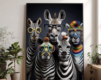Funny Zebra Giraffe Portrait Canvas, Colorful Glasses Animal Print, Modern Art