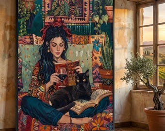 Gezellige leesscène canvas, vrouw met zwarte kat muurkunst, boho woondecoratie, ontspannend boek en wijn canvas, kleurrijk gedessineerd interieur
