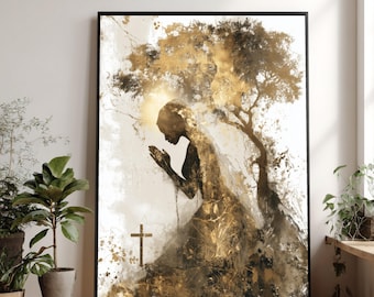 Praying Woman Silhouette Canvas Art, Religious Home Decor