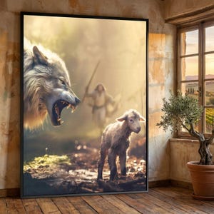 Puede incluir: Impresión artística enmarcada que representa un lobo gruñendo a un cordero, con una figura que sostiene un bastón en el fondo. La escena está ambientada en un bosque con una cálida luz dorada. La obra de arte se exhibe en una habitación con una ventana.