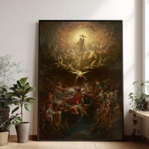 Może przedstawiać: Oprawiony wydruk dramatycznej sceny religijnej. Grafika przedstawia postać trzymającą krzyż w jasnym świetle, otoczoną przez anioły i postacie w mrocznym, chaotycznym otoczeniu. Paleta kolorów obejmuje złoto, czerwień i ciemne odcienie.