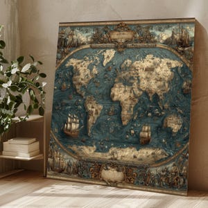Puede incluir: Un mapa del mundo detallado de estilo antiguo. El mapa presenta un océano turquesa y continentes beige, con bordes ornamentados e ilustraciones de veleros. El mapa está enmarcado y se apoya contra una pared.