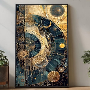 Puede incluir: Impresión artística abstracta con un diseño celestial en tonos dorados y turquesas. La obra de arte, enmarcada en negro, muestra intrincados detalles de cuerpos celestes, engranajes y patrones circulares, creando una composición compleja y visualmente atractiva. La impresión se exhibe en una habitación bien iluminada.