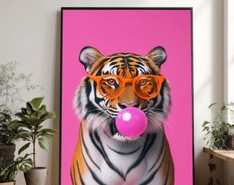 Playful Tiger Canvas Print, Bubblegum Pop Art, Orange Glasses
