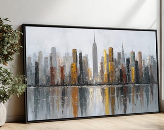 Lienzo de paisaje urbano moderno, pintura de horizonte urbano, vista de la ciudad de Nueva York, reflejo abstracto de la ciudad, decoración contemporánea del hogar