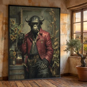 May include: Framed artwork featuring a chimpanzee with bull horns, wearing a red leather jacket, sunglasses, and smoking a cigarette. The artwork has a vintage aesthetic, with sunflowers and a rustic background. The image is displayed in a room with a window.