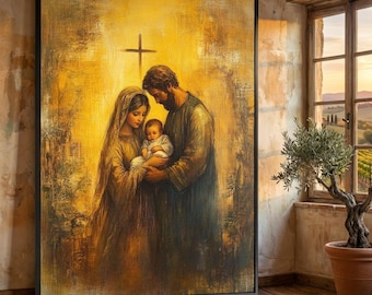 Holy Family Canvas Wall Art, Religious Nativity Scene, Christian Artwork, Spiritual Home Decoration, Jesus Mary Joseph Painting