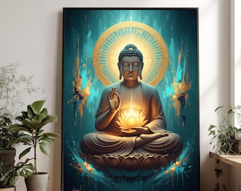 Serene Buddha Meditation Canvas, Golden Lotus Glow Wall Art, Spiritual Zen Decor, Mindfulness Canvas Painting, Tranquil Home Decoration