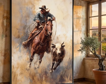 May include: A framed painting depicts a cowboy on a brown horse roping a white and brown bull. The artwork uses warm tones and a textured style, capturing a dynamic scene of the American West.