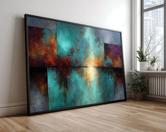Lienzo abstracto turquesa y naranja, decoración geométrica para el hogar