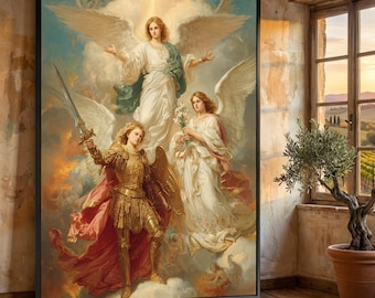 Heavenly Angels Canvas Wall Art, Spiritual Religious Painting, Archangel Michael with Sword and Shield, Divine Figures Canvas Print, Home