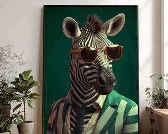 Stylish Zebra Portrait Canvas Wall Art, Animal Fashion Artwork, Modern Decorative Canvas, Unique Home Decor, Cool Sunglasses Zebra Print