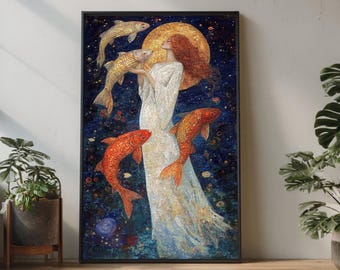 Mystical Woman and Koi Fish Canvas Wall Art, Ethereal Painting