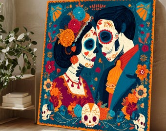 Romantisk Dia de los Muertos-kanvasväggkonst, mexikansk sockerskalleälskare, färgglad dekoration för de dödas dag, blommigt folkkonsttryck
