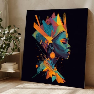 Lebendiges Tribal Queen Portrait Leinwand, Afrikanische Frau Wandkunst, modernes ethnisches Leinwanddekor, bunte kulturelle Kunst, fertig zum Aufhängen der Leinwand