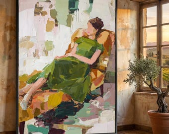 Moderne abstracte vrouw liggend canvas, impressionistische stijl muurkunst, figuratief schilderij print, groene jurk woondecoratie, ontspannen pose canvas