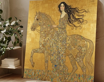 Gustav Klimt Woman on Horse Canvas, Gold Modern Art Print, Decorative Wall Art, Elegant Home Decor, Ready to Hang Canvas