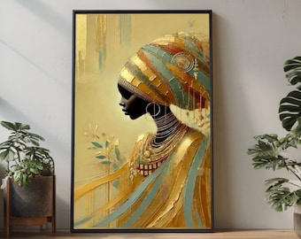 Elegant African Woman Portrait Canvas Wall Art, Gold and Blue Tribal Headwrap Painting, Ethnic Silhouette Home Decor, Modern African Canvas