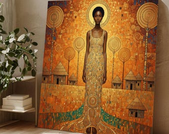 African Woman in Klimt Style, Golden Geometric Dress Canvas, Abstract Ethnic Wall Art, Modern Tribal Home Decor, Ready to Hang Painting