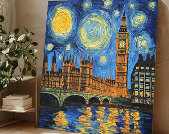 London Big Ben Starry Night Canvas, Cityscape Wall Art, Van Gogh Style Urban Landscape, Iconic Landmark Painting, Home Decor Canvas Print