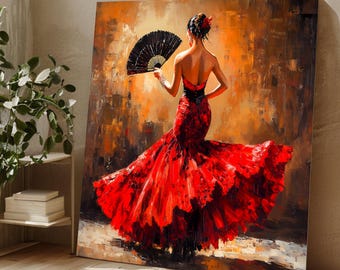 Flamenco Dance Canvas Wall Art, Red Dress Dancer Painting, Spanish Flamenco Art, Elegant Woman with Fan, Vibrant Home Decor