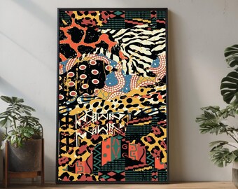 Levendige etnische patchwork canvas, abstracte tribale patronen muurkunst, boho dierenprint canvas, kleurrijke huisdecoratie, modern canvas