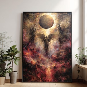 Può includere: Un'opera d'arte incorniciata raffigurante tre figure angeliche alate, su sfondo celeste. L'opera presenta una forma scura e circolare in alto, con un paesaggio infuocato, marrone-rossastro sottostante. Lo stile generale ricorda l'arte classica.