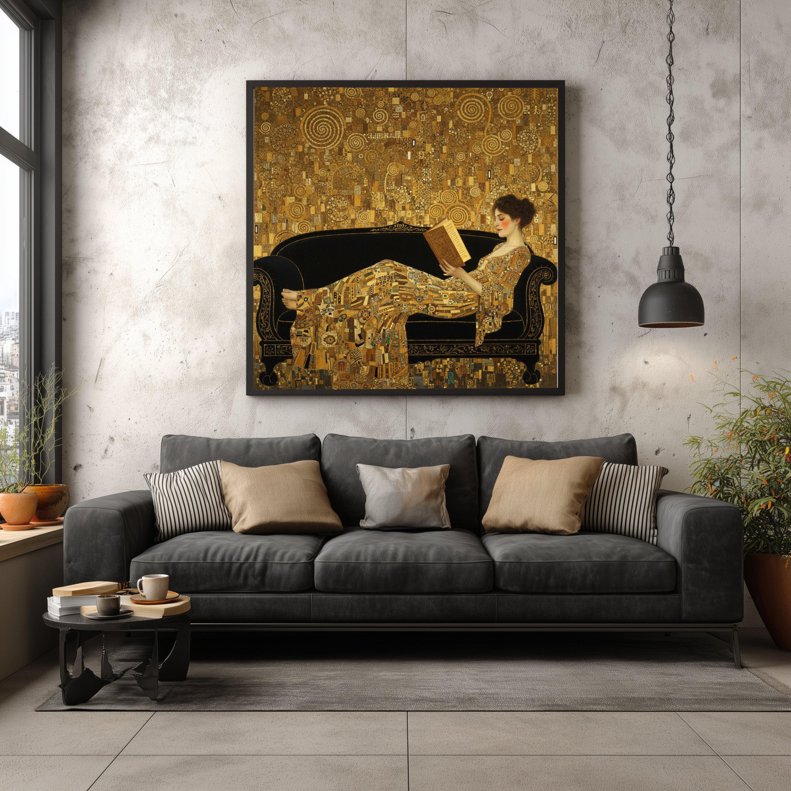 Gustav Klimt Woman Reading Canvas, Art Nouveau Wall Art, Elegant Gold ...