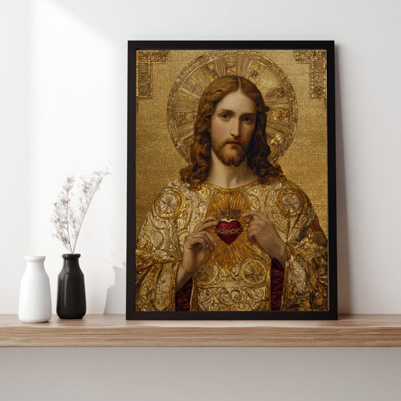Sacred Heart of Jesus Canvas Art, Gold Mosaic, Christian Home Decor image 4
