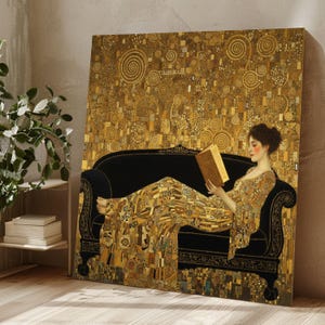 Gustav Klimt vrouw leest canvas, art nouveau kunst aan de muur, elegant goudpatroon canvas, klassieke portretdecoratie, canvas thuis woonkamer