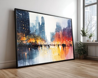Vibrant Cityscape Canvas Wall Art, Urban Evening Scene, Abstract Street Painting, City Life Decor, Modern Home Wall Decoration