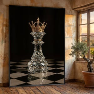 May include: A framed image featuring a crystal chess queen with a gold crown. The queen stands on a black and white checkered surface against a black backdrop. The image is set in a room with a window and a potted plant.
