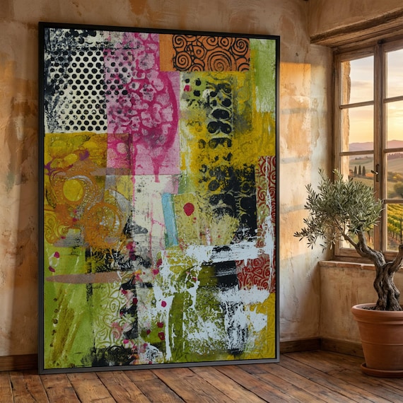 Colorful Abstract Collage Canvas, Modern Mixed Media Wall Art, Digital Print Canvas, Contemporary Home Decoration, Vibrant Artwork