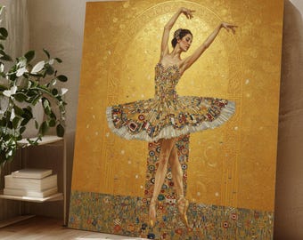 Elegant Ballet Dancer Canvas Wall Art, Klimt Style Gold Background, Classical Dance Painting, Decorative Ballet Art, Home Wall Decoration