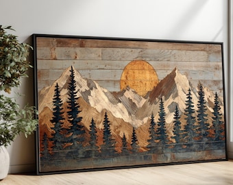 Rustic Mountain Sunrise Canvas Wall Art, Woodland Pines Landscape, Home Decor, Wooden Wall Art, Cabin Style Decoration