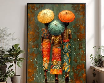 African Women with Umbrellas Canvas, Colorful Ethnic Dress Wall Art, Cultural Canvas Painting, Modern African Art for Home Decor, Vibrant