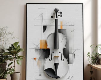 Abstract Violin Art, Modern Musical Canvas, Geometric Wall Art, Black and White Instrument Drawing, Contemporary Home Decor