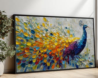 Peacock Canvas Art, Colorful Impasto Bird Painting, Modern Home Decor
