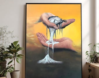 Surreal Melting Clock Canvas Art, Hands Holding Time