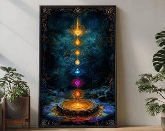 Mystische Chakras Ausrichtung Leinwand, spirituelle Energie Wandkunst, Meditation Dekoration, bunte Chakra Symbole Leinwand, Heilige Geometrie Kunstdruck