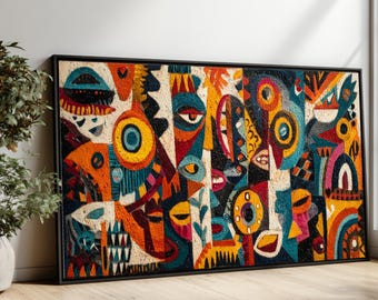 Abstract Tribal Faces Canvas Wall Art, Colorful Geometric African Style Painting, Modern Ethnic Decor, Canvas, Vibrant Home Wall Decoration