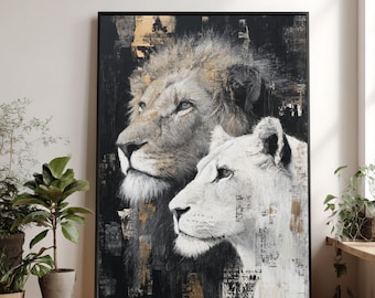 Majestic Lion and Lioness Canvas Wall Art, Wildlife Animal Portraits, Modern Abstract Safari Decor, Neutral Black and Gold Tones, Ready to