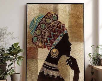 May include: A framed art print showing a silhouette of a person adorned with a patterned head wrap and jewellery. The artwork uses a warm colour palette with gold, brown, and blue tones. The person is in profile, with their hand touching their chin.