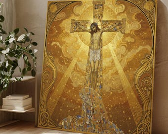 Gustav Klimt Korsfästelse Canvastavla Väggkonst, Religiös Kristen Dekor, Guldtonad Sakral Konsttryck, Andlig Heminredning, Inspirerande